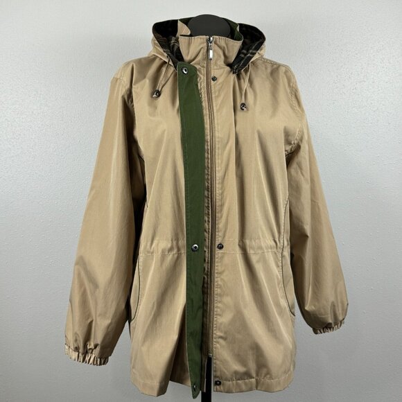 Blair Womens Hooded Jacket Khaki Removeable Plaid Liner Snap Zip Pockets Size L - Picture 2 of 16